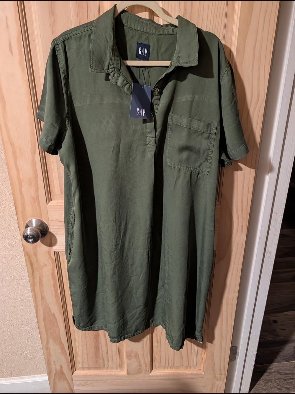 GAP Olive Green Short-Sleeve Midi Shirt Dress